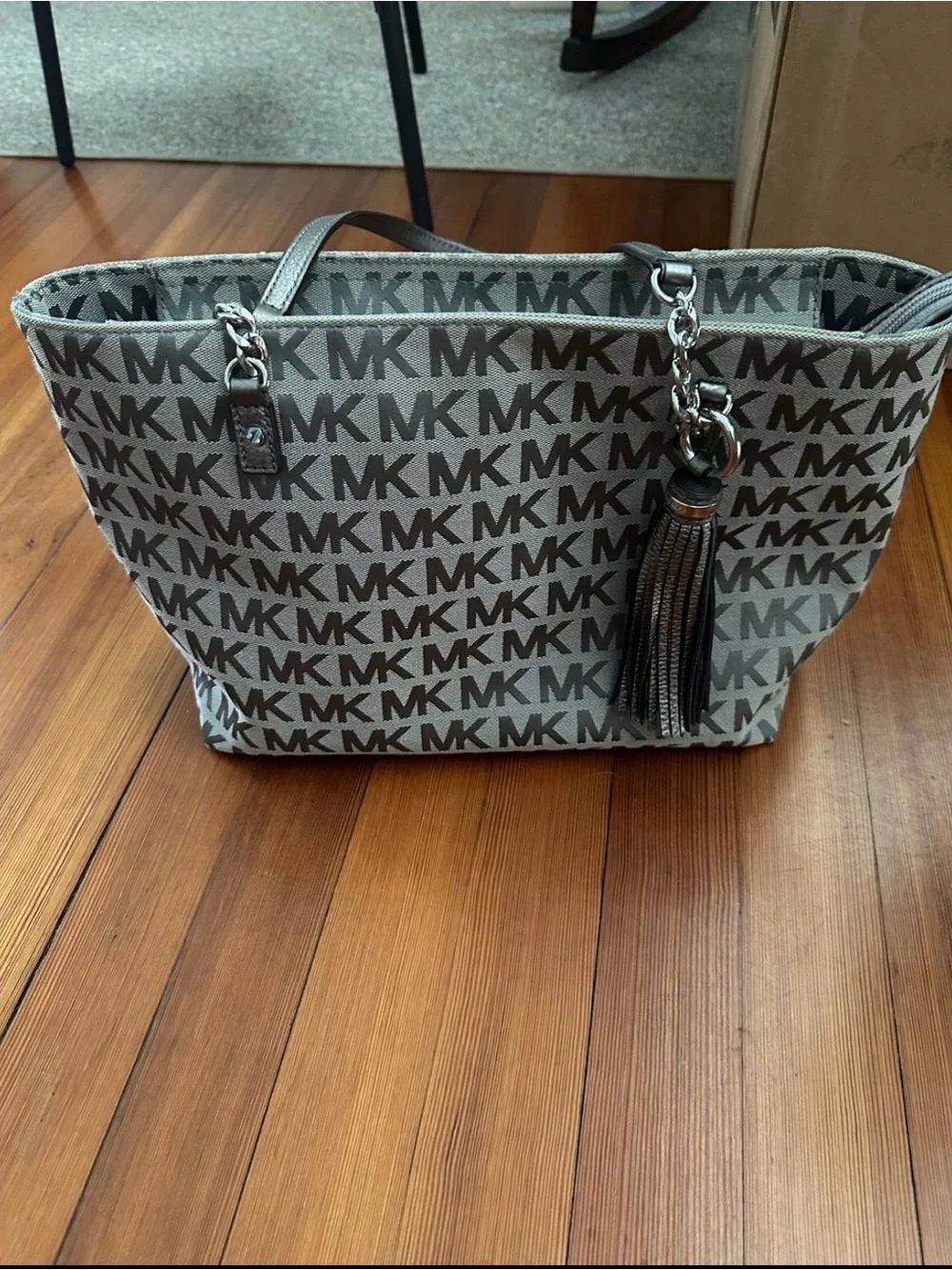Michael Kors Brown and Gray MK Logo Tote with Tassel Charm
